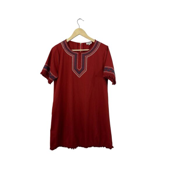 Umgee Medium Dress Western Boho Embroidered Red Short Sleeve Fringe Womens - Picture 1 of 16